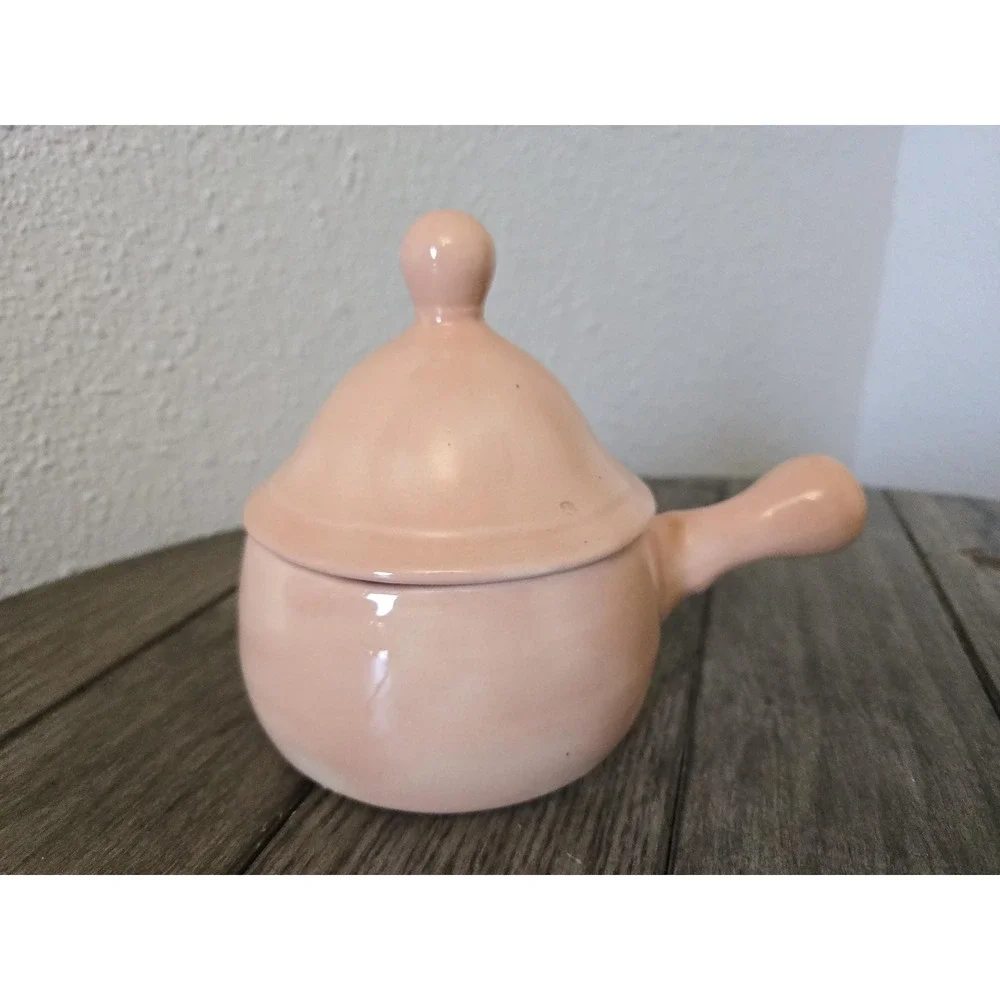 Vintage Hand Thrown Studio Pottery Peach Ceramic Soup Bowl W/Handle & Lid MCM